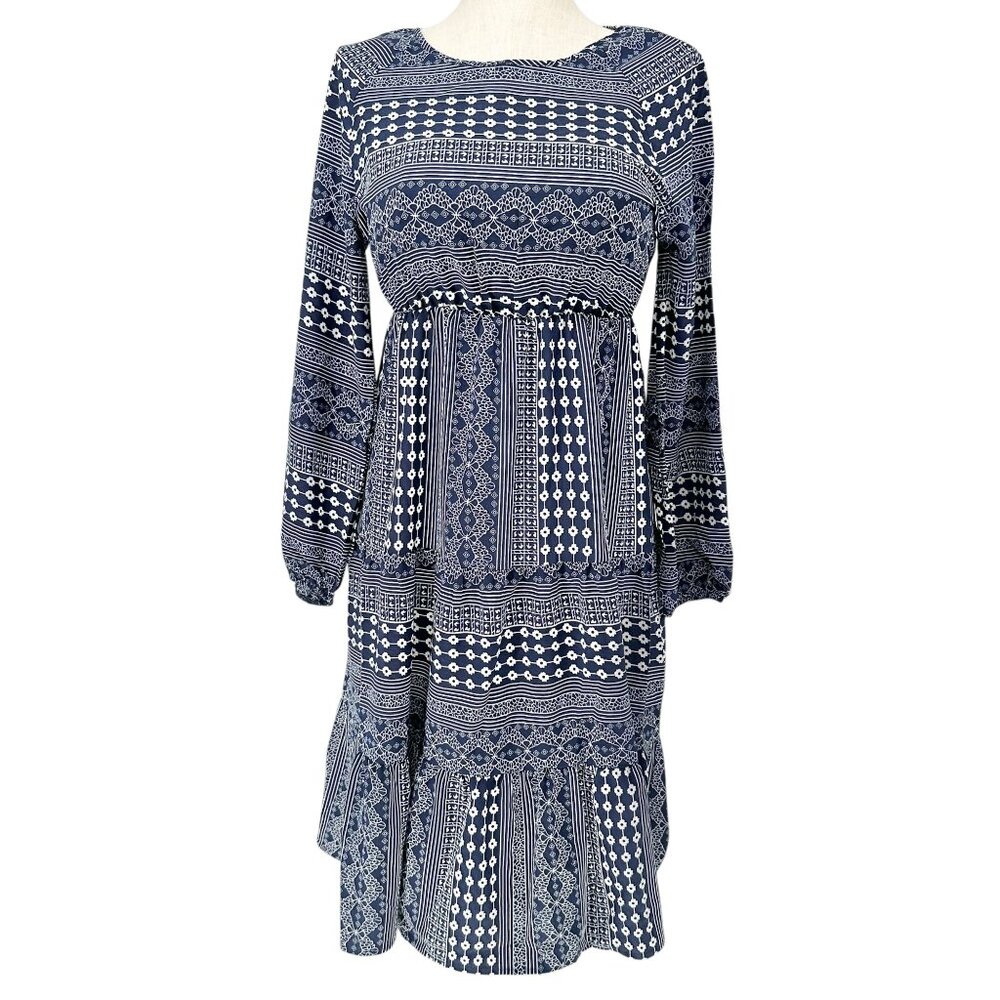 Emery Rose Dress Womens L Bohemian Navy and White Floral Print Long Sleeve